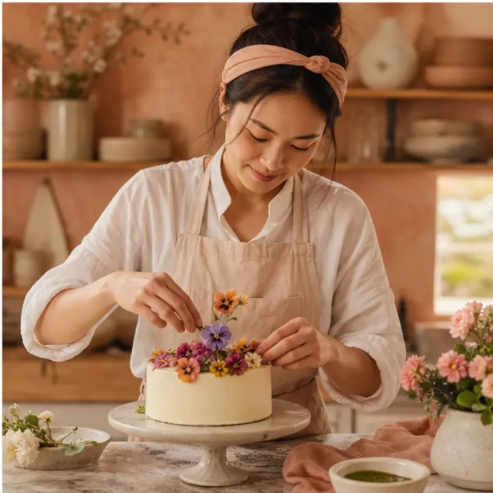 Người thợ Lò Mây trang trí bánh bằng hoa ăn được